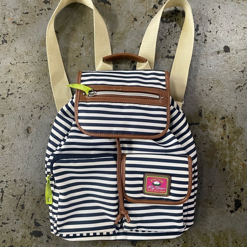 Lily Bloom Navy & White Striped Backpack with Front Pockets & Lime Green Inside